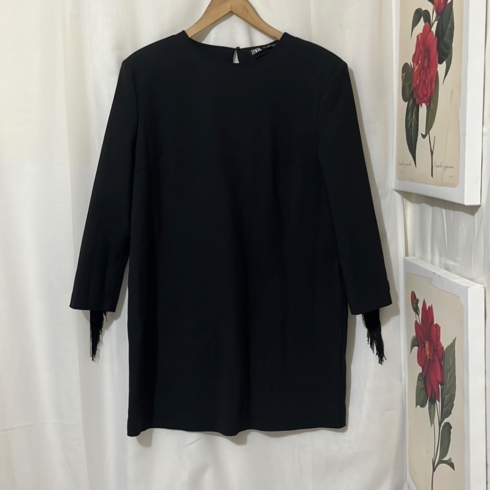 NWOT Zara Black Rounded Neck Dress with Fringed Sleeves and Back a110